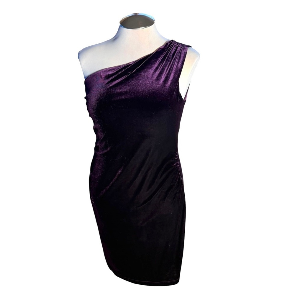 Pyramid Collection Purple Velvet One Shoulder Ruched Sheath Dress P87541 Medium
